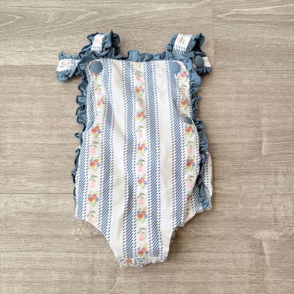 Honey Bear Boutique Baby Girls Blue Floral Stripe Ruffle Bubble Romper 9M